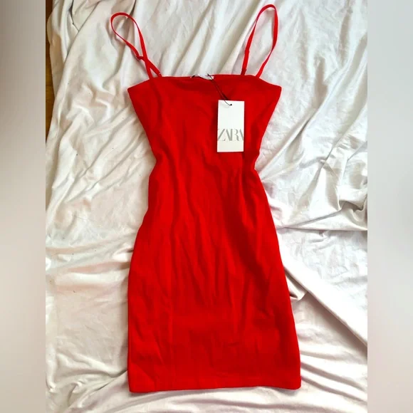 Zara Red Orange Bodycon Mini Dress Spaghetti Strap NWT Medium - Picture 1 of 3